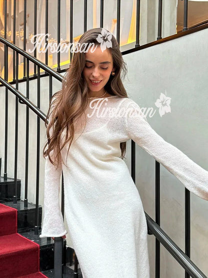 Hirsionsan Frühling Herbst Oansatz Elastische Stricken Lange Kleider Frauen 2024 Elegante Chic Weiche Dame Aushöhlung Pullover Kleider Femme Neue.