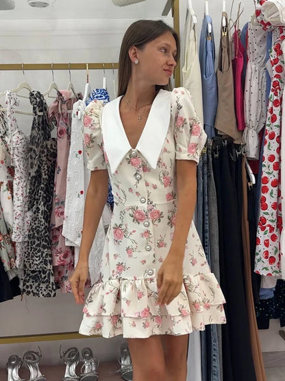 Beiyingni Neue In frauen Kleid Elegante Französisch Mode Schlank Kurzarm Mini Kleider Weibliche Rüschen Tasten V-ausschnitt Kurze Vestido