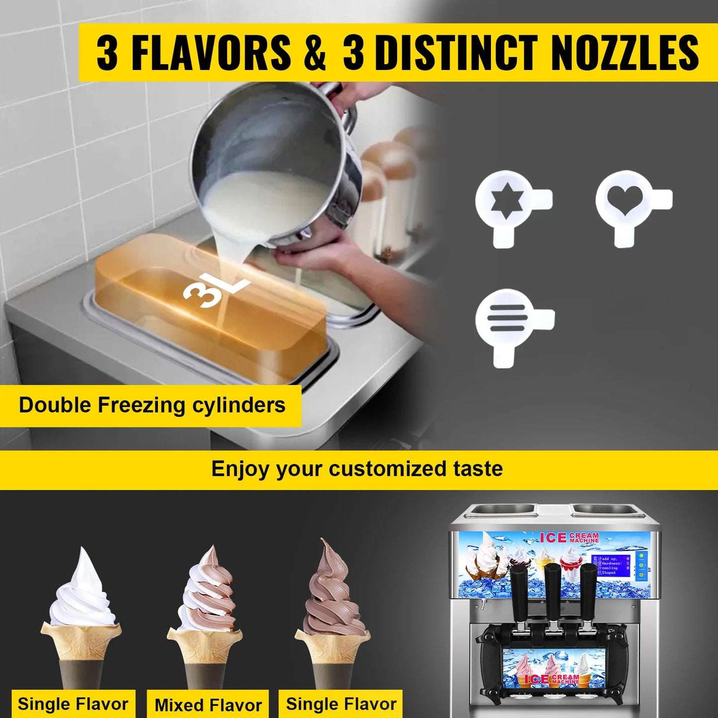 SIHAO Commercial Soft Serve Ice Cream Machine - Tri-Flavor 18L/H with LCD Display & One-Touch Cleaning for Dessert Shops, Cafes.