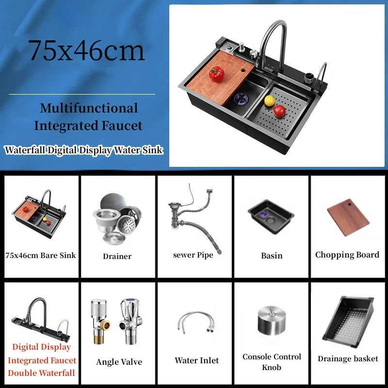 Wasserfall-Küchenspüle aus Edelstahl 304, großes Einzelschlitz-Wasserhahn-Set mit integrierter Digitalanzeige, Seifenspender, Tassenwascher