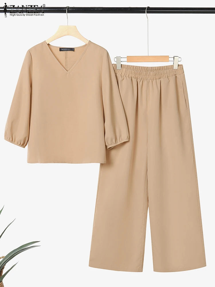 ZANZEA Autumn 2 Piece Sets Women Pant Sets Casual V Neck Long Sleeve Tops Pant Suit Elegant Solid Work Tracksuit Oversize 2025.