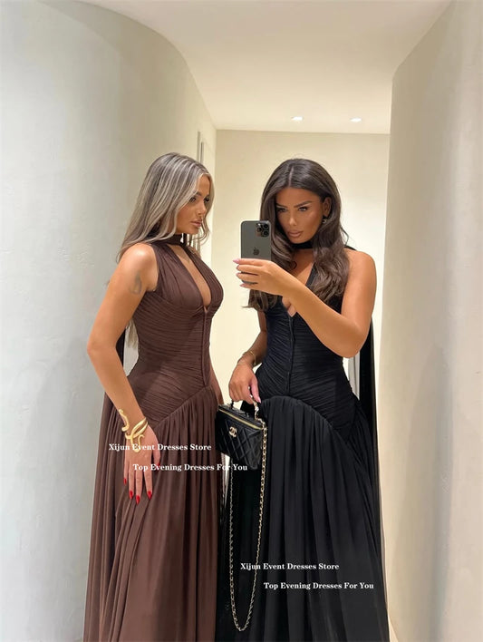Xijun Moderne Chiffon-lange Abendkleider, Neckholder, ärmellos, A-Linie, Ballkleider, V-Ausschnitt, formelle Anlässe, Ballkleider, individuell gestaltet.