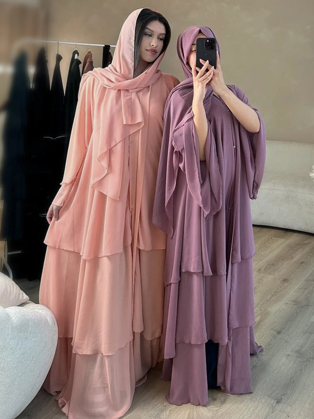 Eid Muslim Abaya for Women Chiffon 3 Layers Cake Party Cardigan Robe Jalabiya Dresses Ramadan Morocco Abayas Kaftan Vestidos.