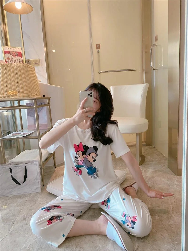 Sommer Pooh Bär Nachtwäsche frauen Lose Bequeme Cartoon Print Hause Kleidung Set Kurzarm Nachthemd Mickey Pyjama Set
