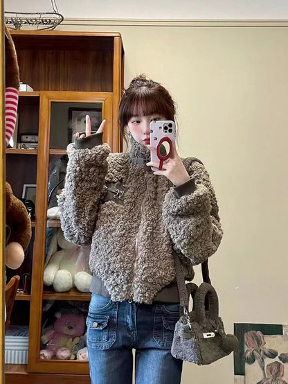 Winter Lamm Wolle Vintage Jacke Frauen Stehen Kragen Faul Wind Casual Zipper Mäntel Langarm 3D Dekoration Lose Geerntete Jacken.