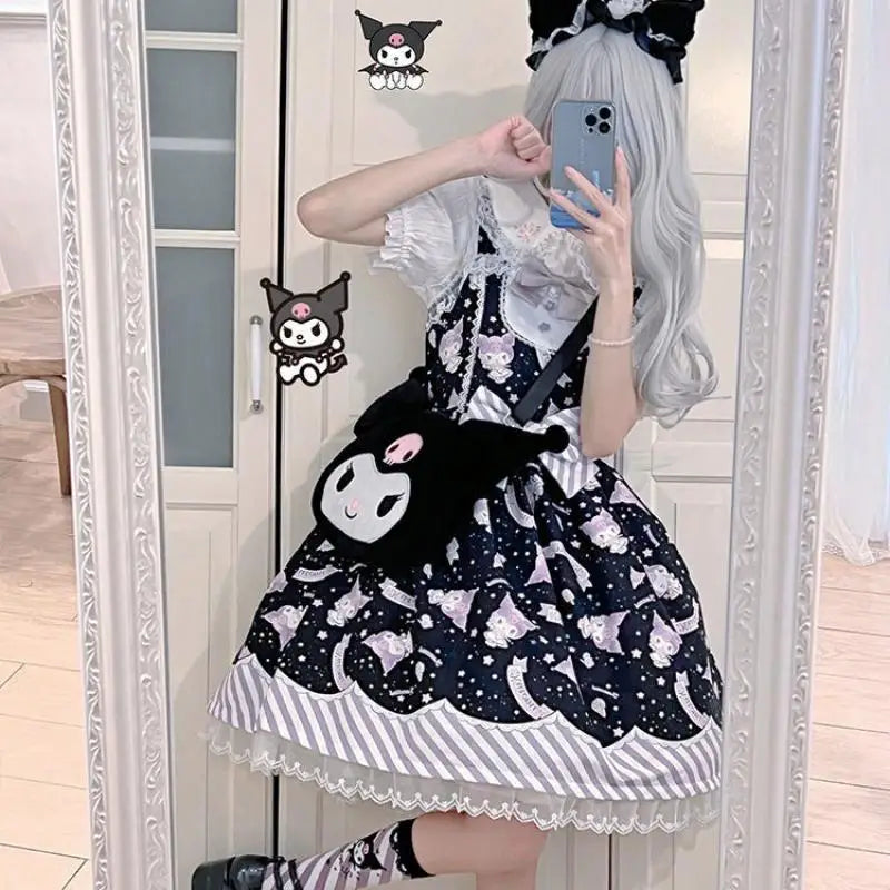 Anime My Melody Lolita Kleid Cinnamoroll Prinzessin Kleid Kuromi Süßer süßer Druck Schleife Spitze Party Trägerkleid Kawaii Academy Kleid.