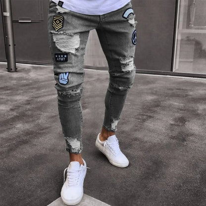 White Embroidery Skinny Ripped Jeans Men Cotton Stretchy Hole Slim Fit Hip Hop Denim Pants Casual Jeans for Men Jogging Trousers.