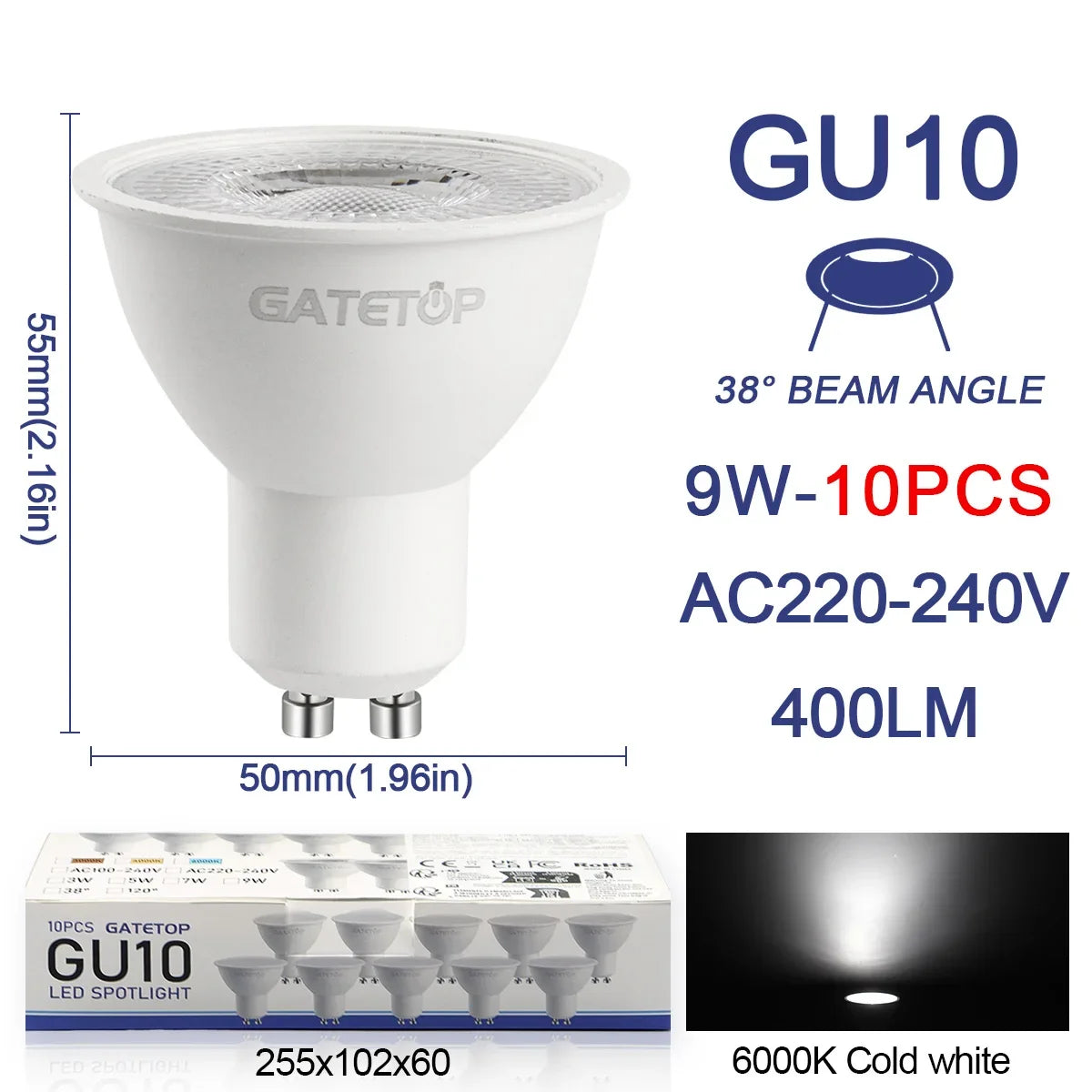 10er-Pack Focos Gu10 SpotlightLampara 220V LED-Glühbirne Großhandel 9W Weiß Warm 3000k 6000K geeignet für gewerbliche Gebäude zu Hause