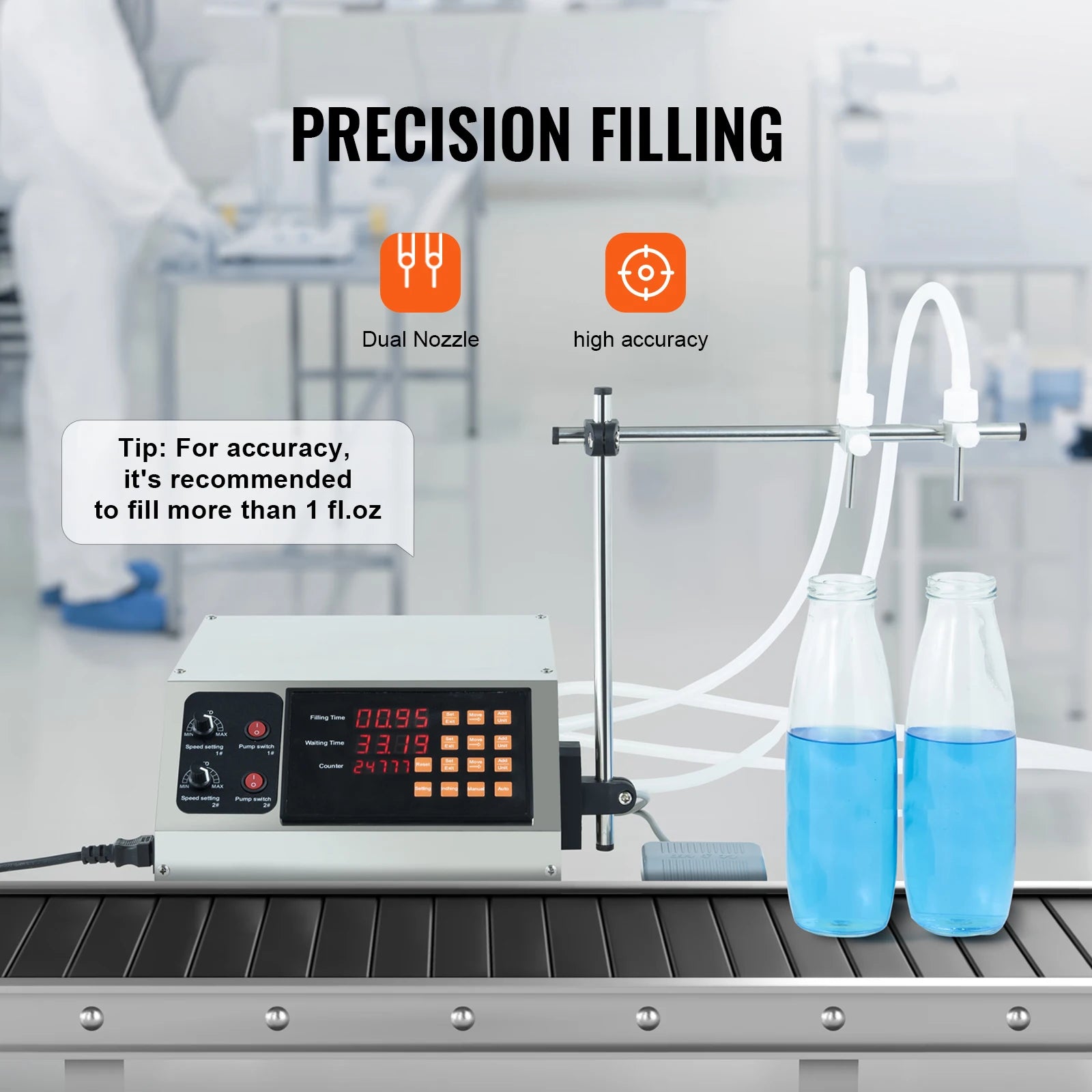 SucceBuy 30-4000ml Liquid Filling Machine Double Nozzle Automatic Bottle Filler with Digital Control for MilkWater Wine Beverage.