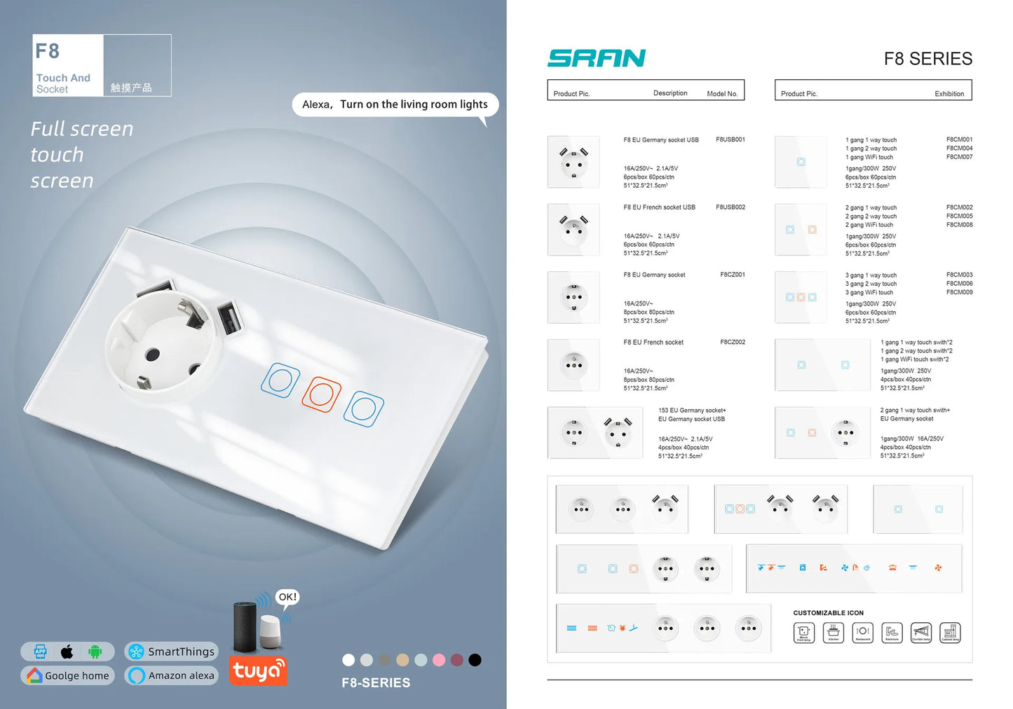 SRAN Eu-Steckdosen 220 V 16 A 82 x 82 mm Glas-Doppel-Dreifach-Wandstecker Russland Spanien Eingebautes Heimbüro.