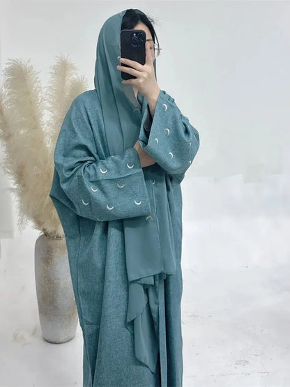 Moon Embroidery Open Abaya 2024 New Luxury Kimono Coat Hijab Muslim Sets for Women Islam Retro Modest Clothing for Party Kebaya