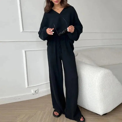 Women's Suit Solid Color Casual Loose 2025 Elegant Spring And Summer Fashion New Long-sleeved Lapel Top + Drawstring Pants Suit
