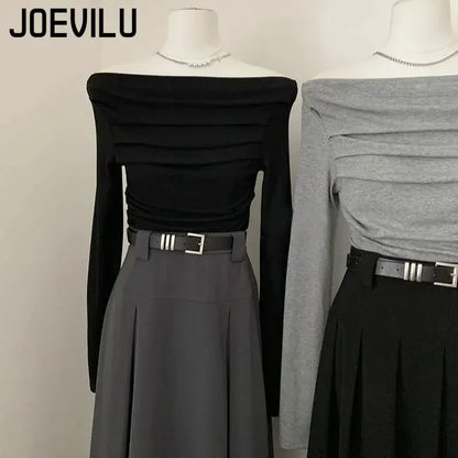 JOEVILU Pleated Off Shoulder Crop Tops Women's Slim Fit Long Sleeve T-shirt Korean Fashion Niche Base Shirt Aesthetic Clothes.