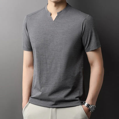 Korean Men's Casual and Fashionable Small V-neck Solid Color Short Sleeved T-shirt Comfortable Summer Versatile Top.