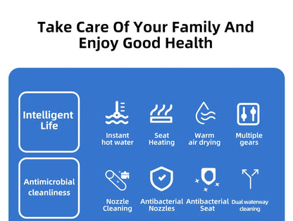 Intelligenter, länglicher Toilettensitzbezug – beheizt, wassersparend, automatische Reinigungsdüse, langsam schließend, trocken, LED-Licht für modernes Badezimmer