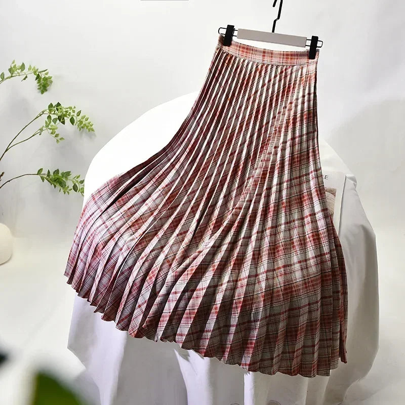 Looks Thin Pleated Skirt 2025 New High Waist A-line Skirt Mid-length Big Size Plaid Skirt Long Pleated Skirt Length 75-90cm