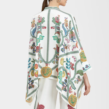 Retro Printed Loose Indie Folk Outfit Women Spring Stand Collar Button Irregular Top+Pant Set Fall Batwing Long Sleeve 2pcs Suit.