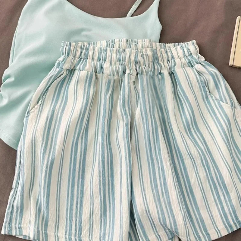 Einfarbiger Pyjama mit Brustpolstern, gestreifte Shorts für Damen, Sommer, dünne Leibchen-Shorts, Loungewear, großer Pyjama, zweiteiliges Set.