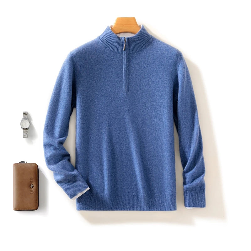 Autumn Winter Men's 100% Merino Wool Sweater Mock Collar Half Zip Knitted Pullover Cashmere Sweatshirt Casual Long Sleeved Tops.