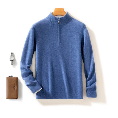 Autumn Winter Men's 100% Merino Wool Sweater Mock Collar Half Zip Knitted Pullover Cashmere Sweatshirt Casual Long Sleeved Tops.