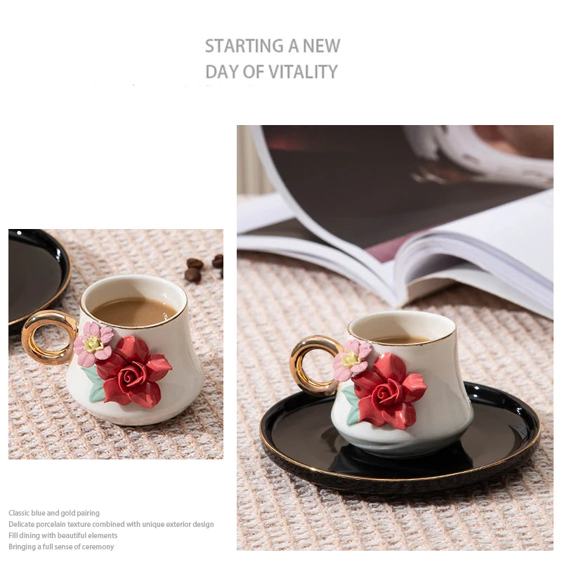 120ml Ceramic Coffee Cup Saucer Set Hand Pinched Flowers with Hand and Dish Milk Tea Porcelain Drinkware Tableware Gift.