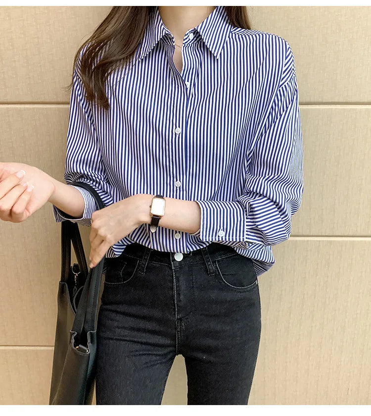 1pcs Woman Four Season Stripe Shirts Lady Casual Long Sleeve Turn-down Collar Loose Shirt Female Business Attire Korean Tops.