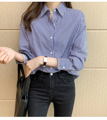 1pcs Woman Four Season Stripe Shirts Lady Casual Long Sleeve Turn-down Collar Loose Shirt Female Business Attire Korean Tops.