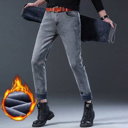 Winter Hot Sale Of The Season Trendy Stretchy Fleece Lined Thick Denim Mid Waist Fashionable Casual Warm Long Pants Men's Jeans.