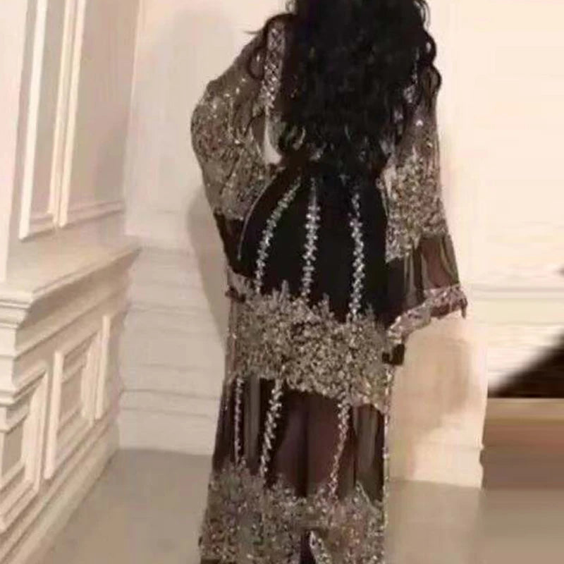Elegante Frauen Glitter Ausgestelltes Langarm Langes Kleid Vintage Französisch Abendkleid Sexy Damen Mesh Patchwork Split Party Kleider.