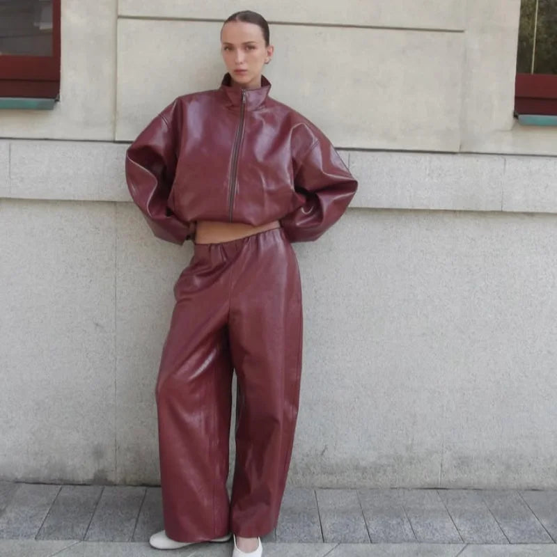 Stylish Leather Solid Jacket Pants Set Women Stand Collar Zipper Coat Loose Trousers Sets Female 2025 Autumn Fashion Streetwears