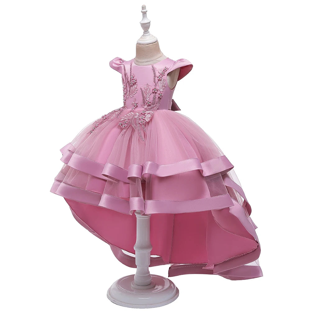 Rosa Mädchen bestickt Perlen Prinzessin Kleid für 3 bis 12 Jahre Mädchen Schwanz Party Kleid Kind Schule Performance-Kostüme.
