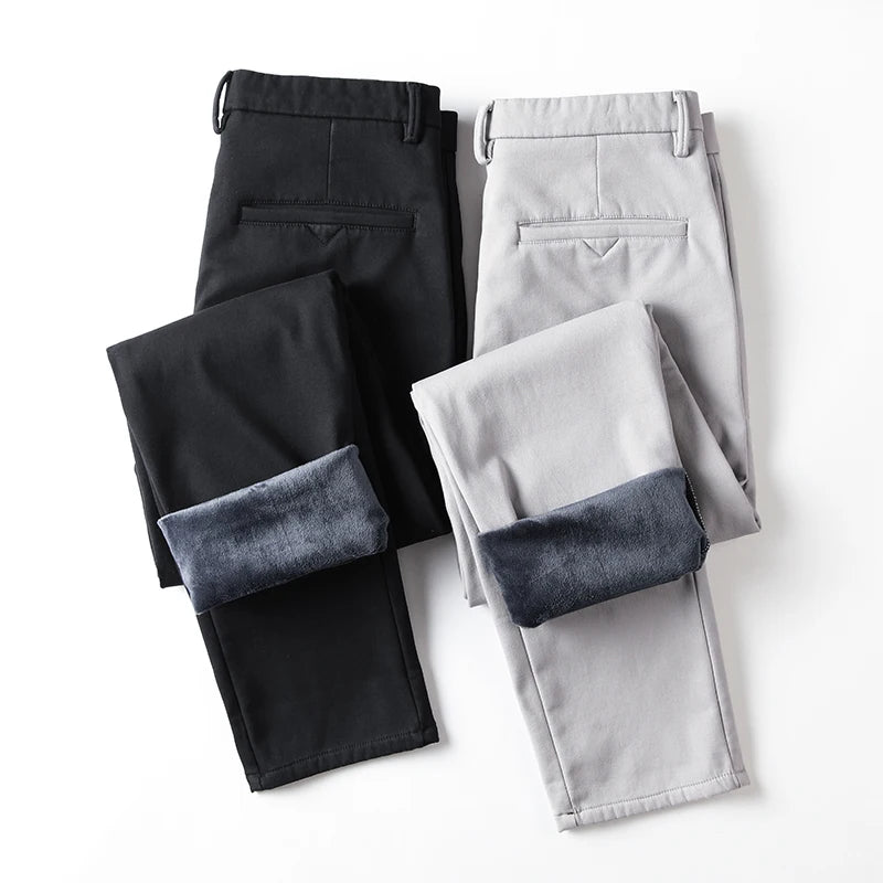 Winter Casual Men Classic Style Business Warm Plush Trousers Regular Thick Fur Pants Male Fleece Elastic Straight Formal Pants.