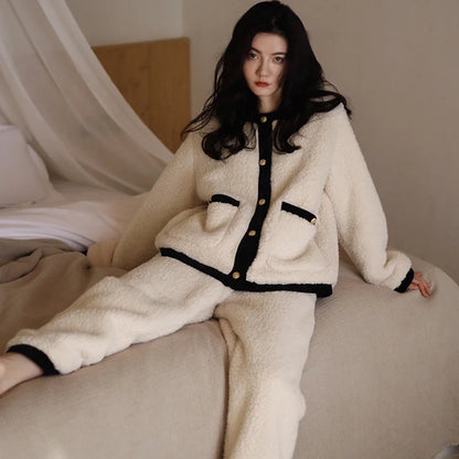 Winter Women Warm Fashion Pajama Sets Sweet   Elegant French Style Girlish Leisure Thicken Flannel Comfort Pajamas.