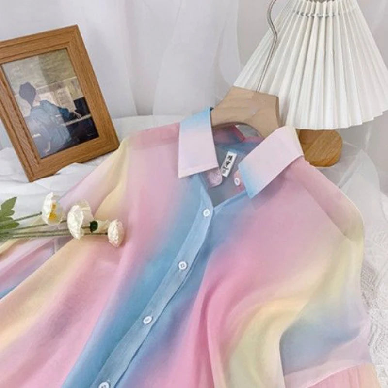 Irregular Gradient Rainbow Long Sleeved Shirt And Blouses Thin Youthful Women's Clothing Loose Top Pink Casual Transparent New.