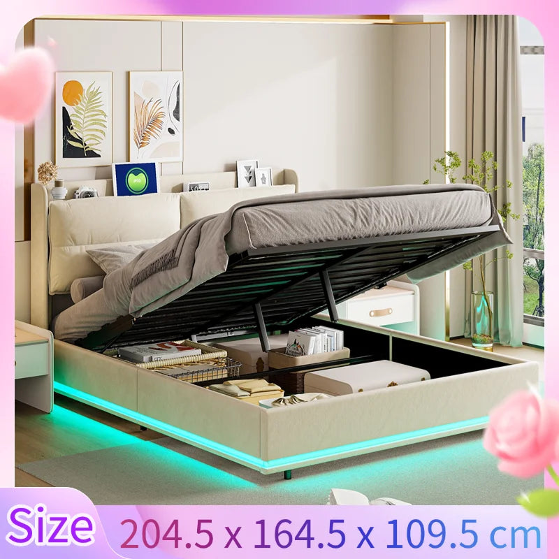Creahappy – Weich gepolstertes Bett – Doppelbett – mit LED-Leuchten und USB-Ladefunktion – Stauraumbett mit Luftdruckstange