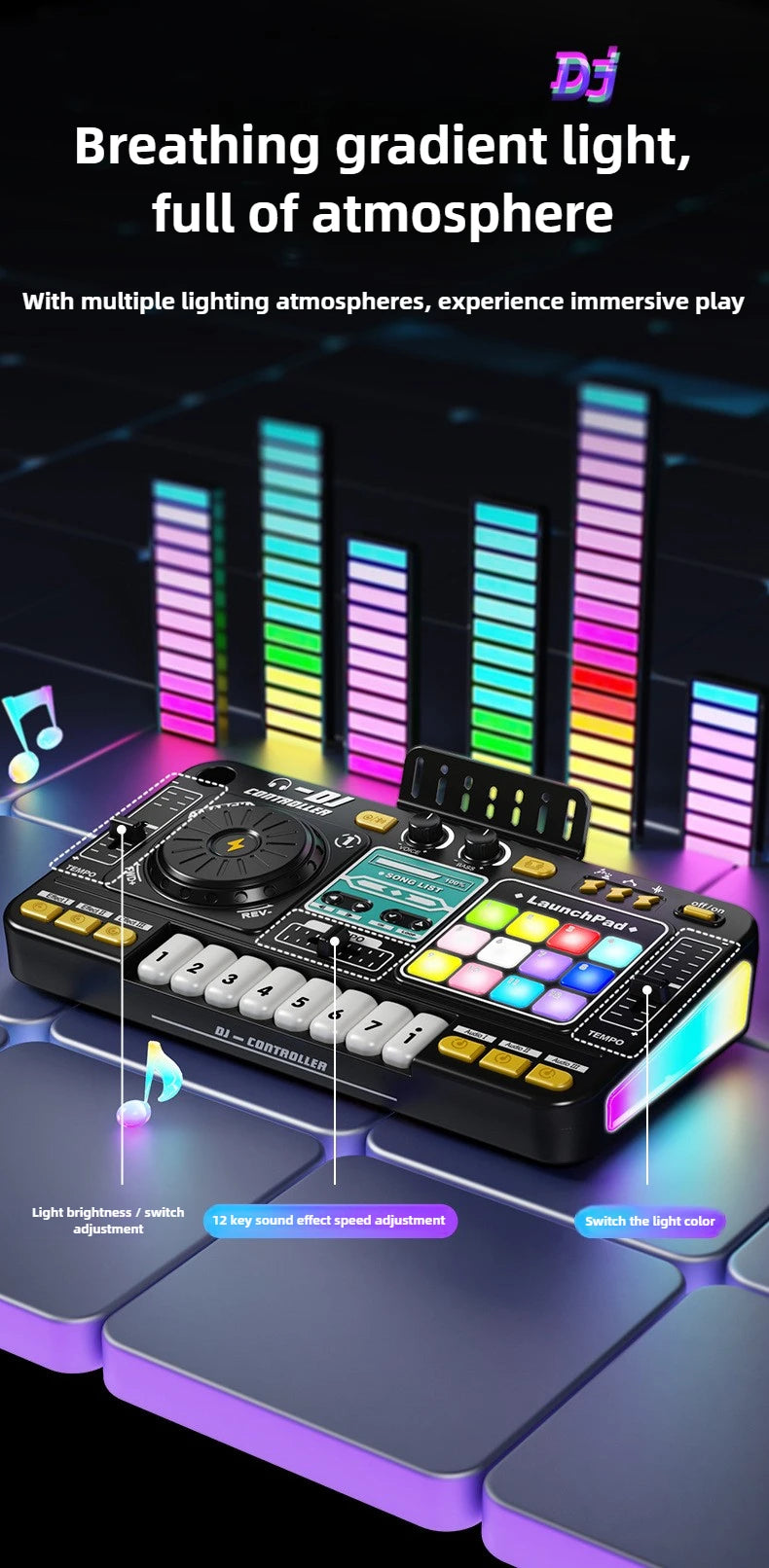 Multifunctional DJ Mixer Children Simulation DJ Controller Live Sound Card Music Player Whac A Mole Game Toys Kids Birthday Gift.