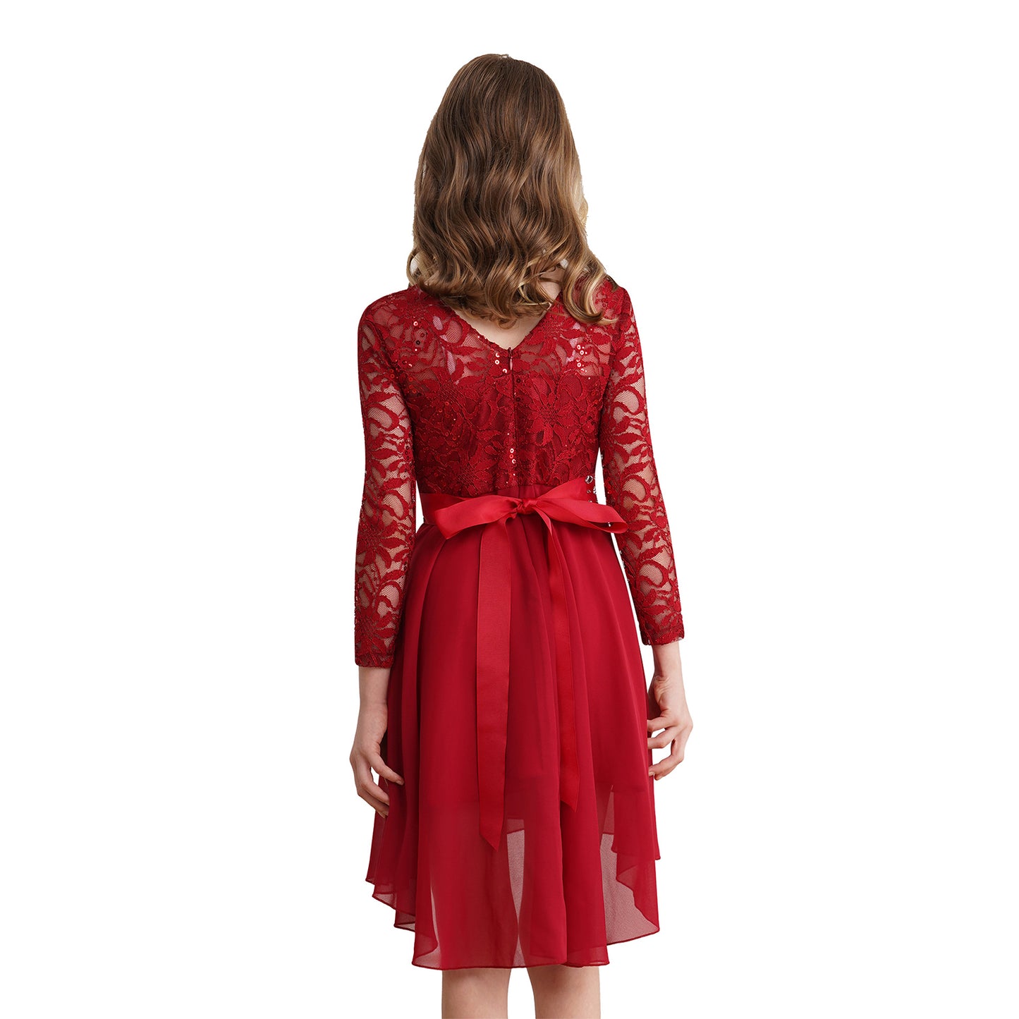 Elegantes Spitzen-Partykleid für Kinder, Mädchen, Chiffon, Spleißen, langärmelig, Kleid mit hohem und niedrigem Saum und Strass-Schärpe für Hochzeit, Geburtstag