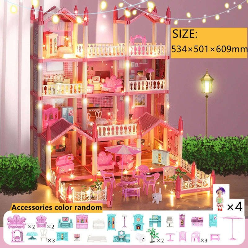 Girls Toddler Doll House - Large Doll House with 4 Dolls, Furniture, Accessories, LED Lights, 4 Stories Princess Dream House Toy