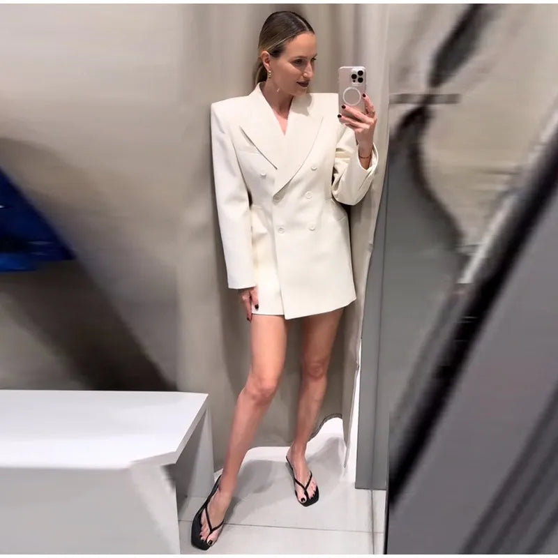 Elegante Zweireiher Blazer Mantel Frauen Schlank Revers Schulter Pads Langarm Jacke 2025, Herbst Büro Dame Pendeln Outer.