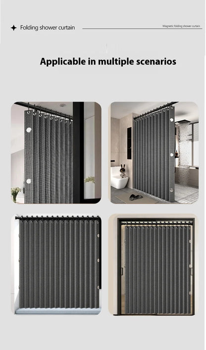Badezimmer Faltbarer Duschvorhang aus Leinen mit Magneten, wasserdicht, geeignet für begehbare Duschen, Teleskopstange nicht im Lieferumfang enthalten