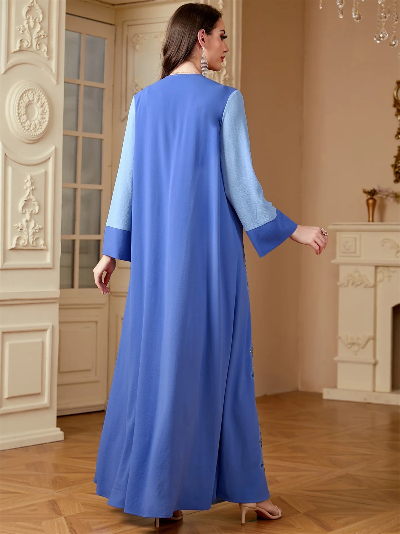 Siskakia Ramadan Dubai Woman’s Abayas Embroidered Sequin Floral Patter V-Neck Elegant Casual Kebaya Muslim Moroccan Long Dress.