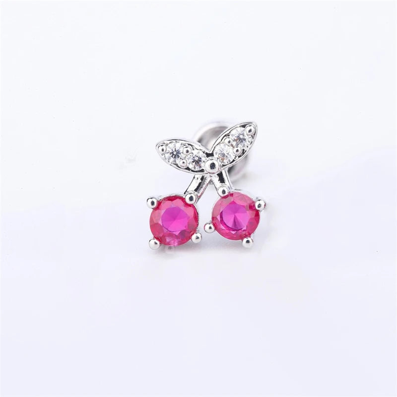 New Trendy Shiny Rose Red Color Zircon 316L Stainless Steel Ear Bone Nail Y2K Gothic Love Heart Small Earrings for Women Jewelry