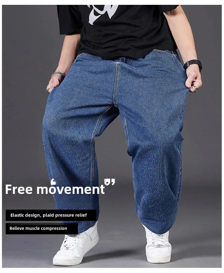 Plus Size Jeans Men's Autumn Loose-Fit Straight-Leg Casual Denim Pants Elastic Waist Wide-Leg Design For Plus Size Men.