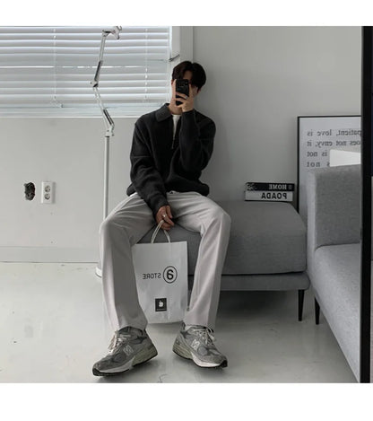 Half Zipper Sweater Men's Autumn and Winter Japanese Retro Korean Lapel Sweater Loose Casual Thread Trend