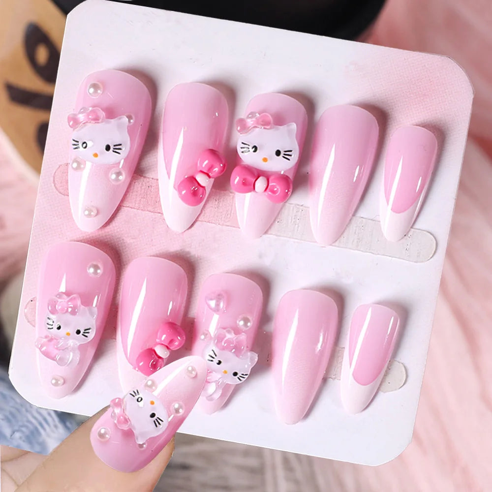 24Pcs 3D kuromi press on nails Y2K Cartoon Handmade Fake Nails Black Gel nail Wearable Nails Cinnamoroll Melody Anime False Nail