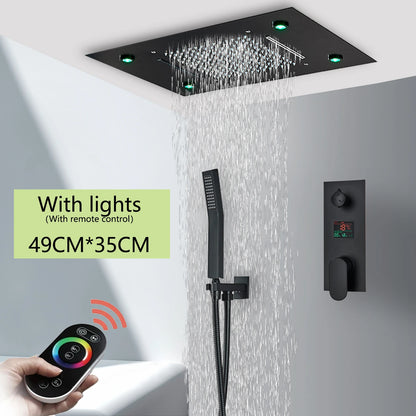 Brushed Ceiling Shower Head with LED Lights 36*50cm Large Rainfall Faucet Bathroom Tap Stainless Steel Smart Square Sprayer