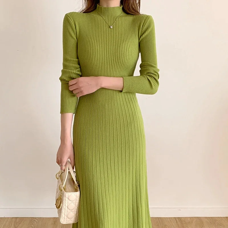 Herbst Winter schlankes Langarm Party Midi Kleid für Frauen gestrickt halbhohen Kragen elegante Strick pullover Kleider Damen.