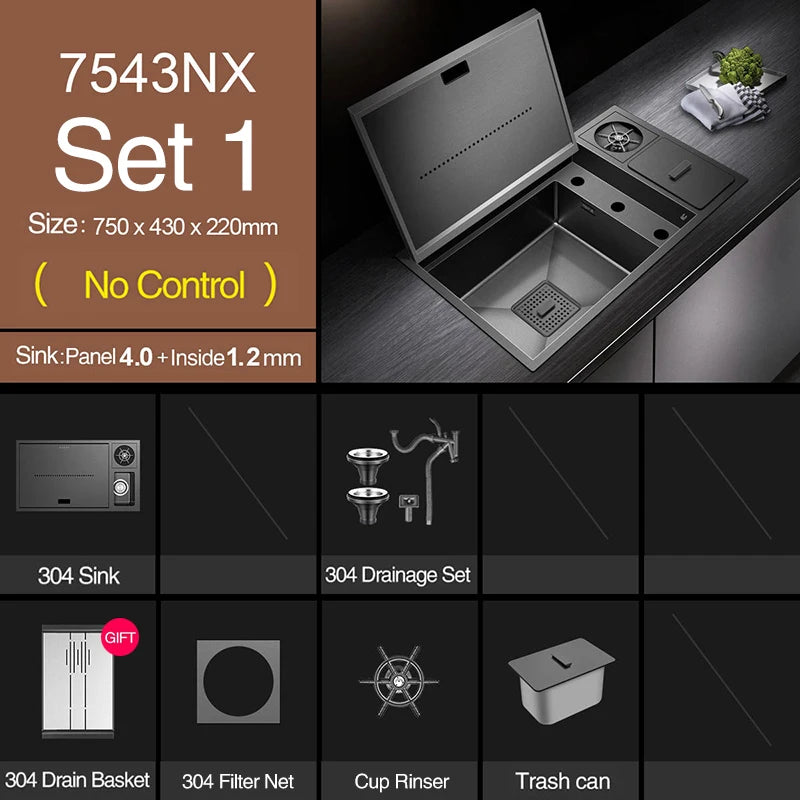 ASRAS Nanometer Hidden Flip Cover kitchen Island Sink 4mm Thickness Handmade Cup Rinser And Trash Can Kitchen Sinks