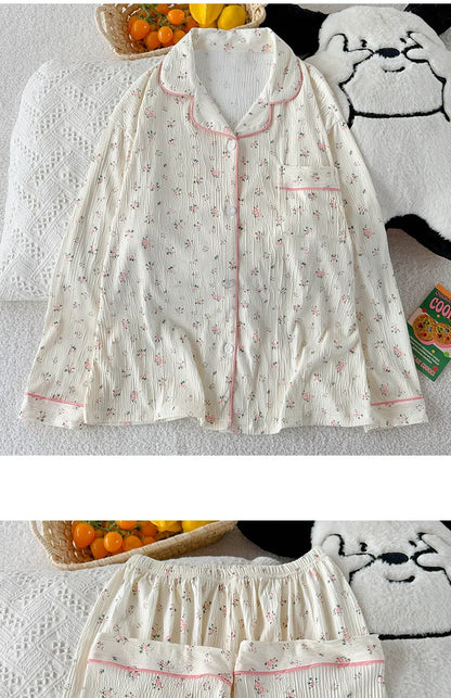 Sweet Little Floral Pajamas Women's Spring and Autumn Long Sleeves New High-Value Niche Pajamas Loungewear Wrinkle Cloth Set.