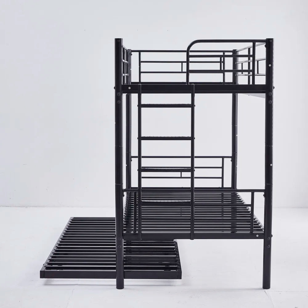 Etagenbett aus Metall, 90 x 200 cm, Etagenbett mit ausklappbarem Bett, erweiterbar auf zwei Einzelbetten oder Erwachsenenbetten, Schwarz